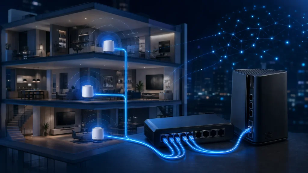 Home network with Ethernet backhaul connecting Wi-Fi nodes across floors