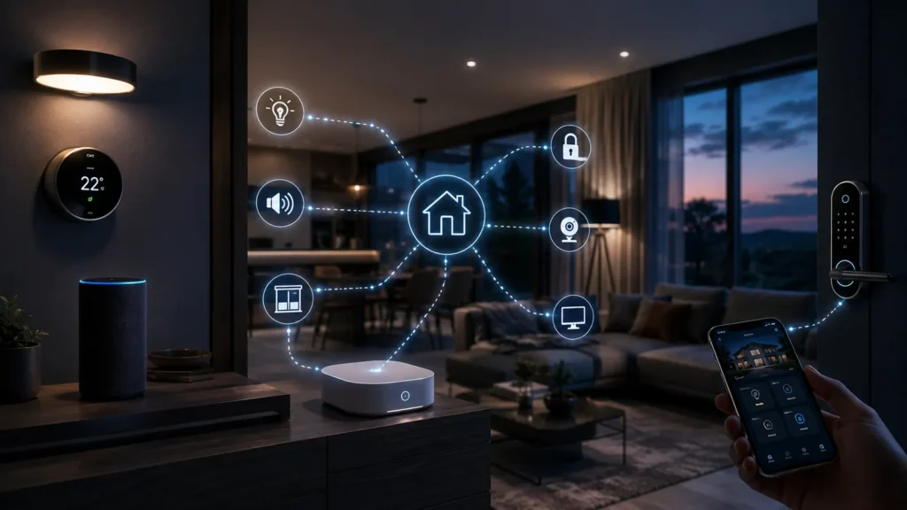 Connected smart-home devices illustrating Matter device connectivity