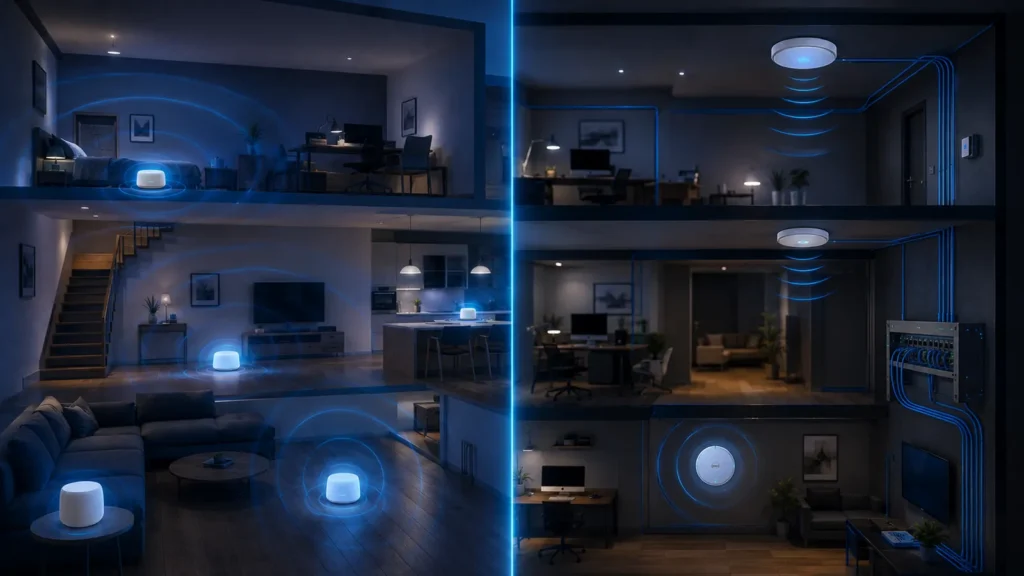 Mesh Wi-Fi nodes and access points in a modern multi-room home