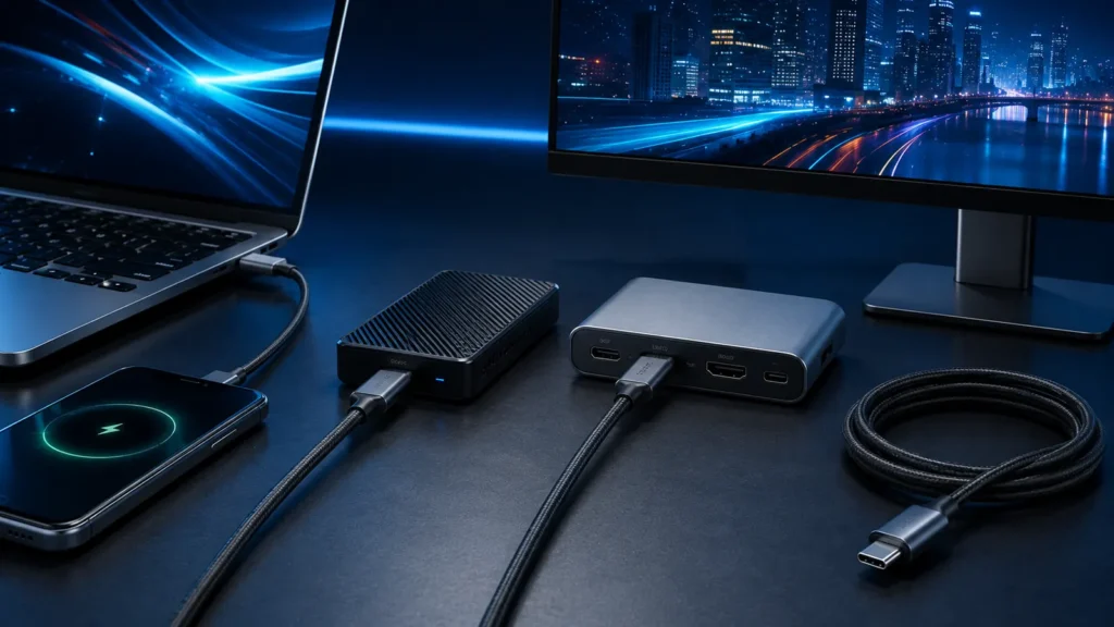 USB-C cables, dock, laptop and monitor on a modern workstation