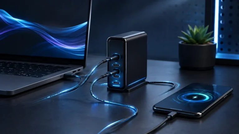 100W USB-C charger powering a laptop and smartphone